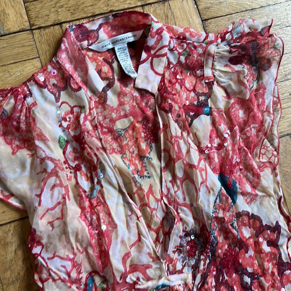 Dianne von Fürstenberg DVF silk blouse red hand embroidery, beats, sequins